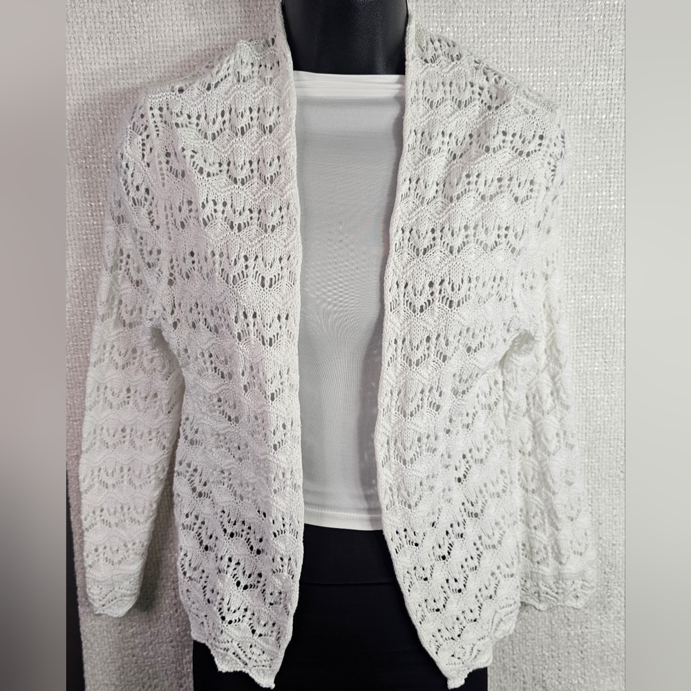 Jeanne Pierre White Crochet Cardigan Small Boho Open Knit Cotton Lightweight
